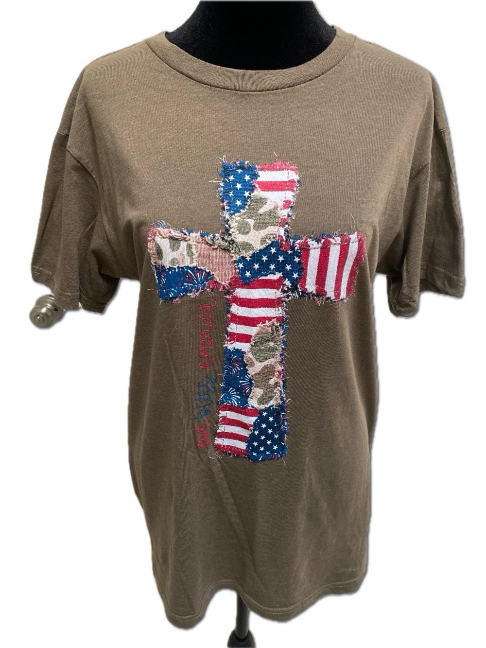 Unisex Olive Graphic Cross Tee with Flag Patchwork